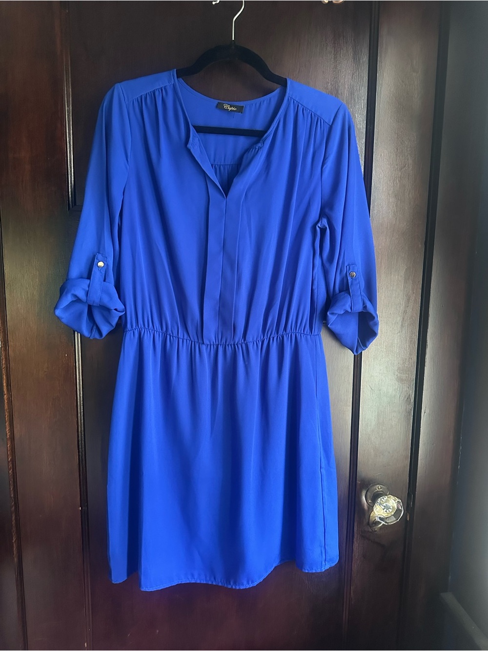 Cupio Cobalt Blue Long Sleeve Pleated Waist Shirt Dress